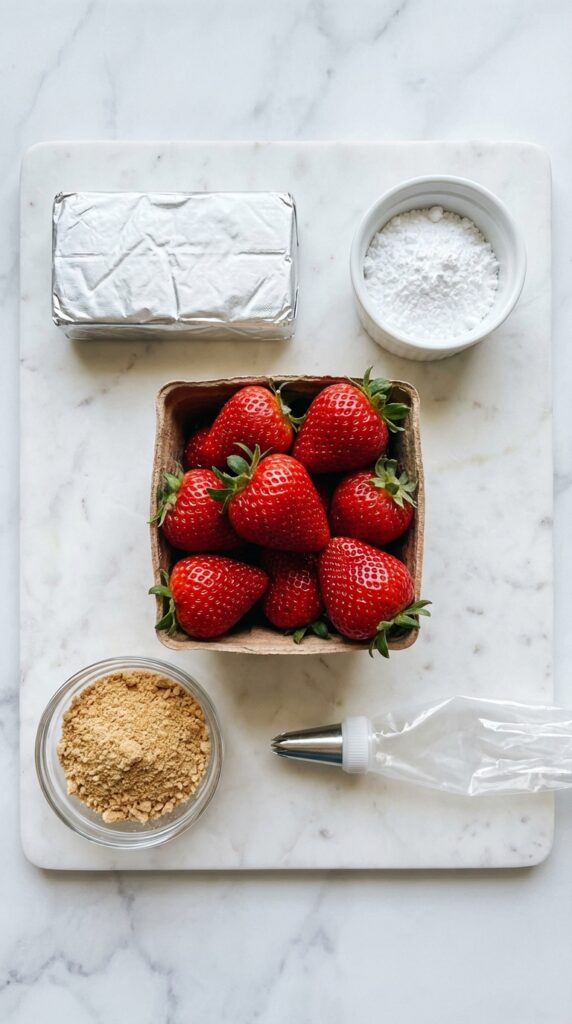 An overhead flat lay showing fresh strawberries, cream cheese, powdered sugar, graham cracker crumbs, and a piping bag on a marble board.