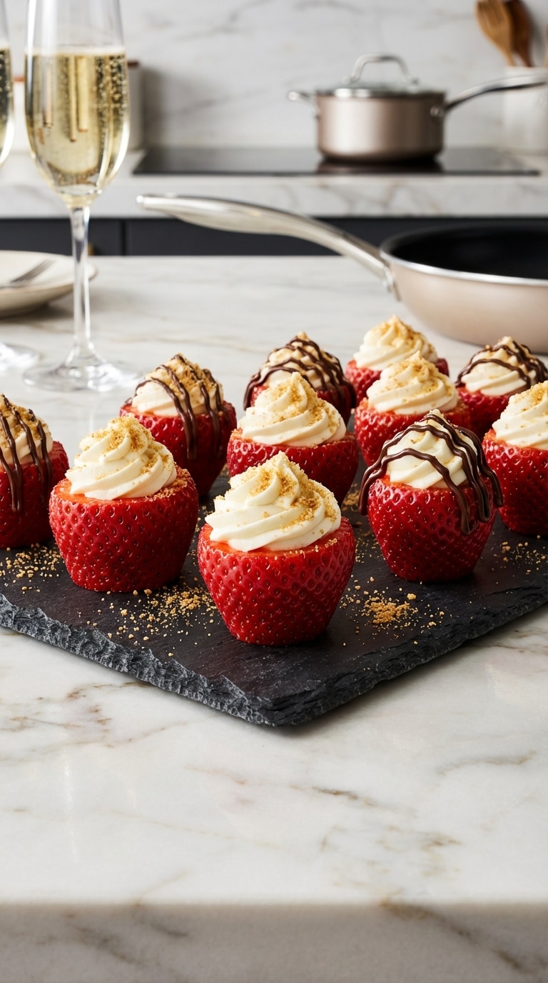 A slate platter filled with fresh strawberries stuffed with cheesecake filling and topped with graham cracker crumbs.