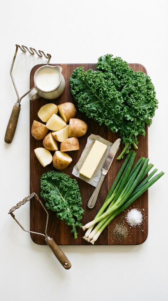 A flat lay showing russet potatoes, fresh kale, green onions, butter, and cream on a wooden board.