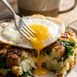A close-up of a fork breaking a fried egg yolk over a crispy potato and kale hash.