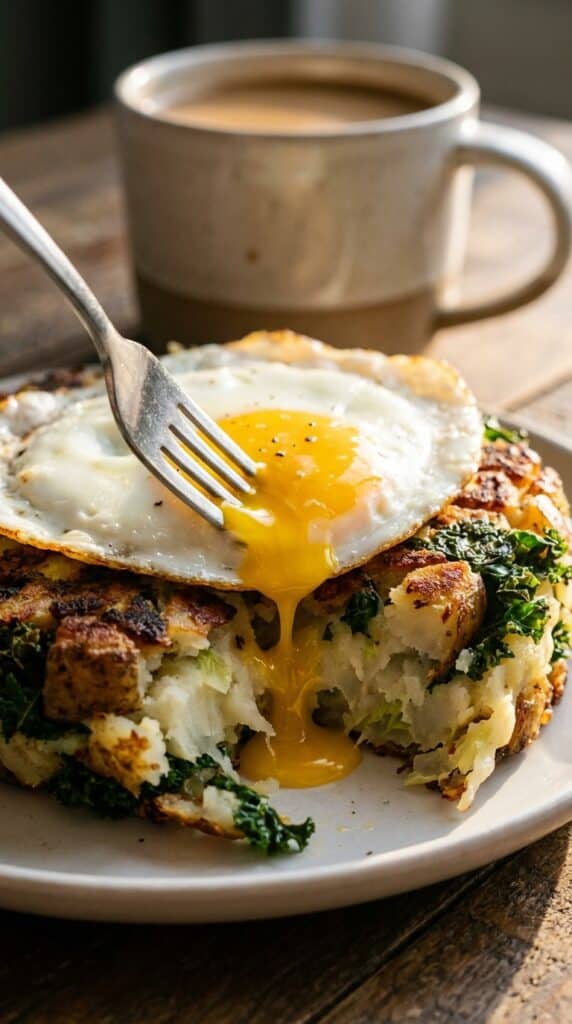 A close-up of a fork breaking a fried egg yolk over a crispy potato and kale hash.