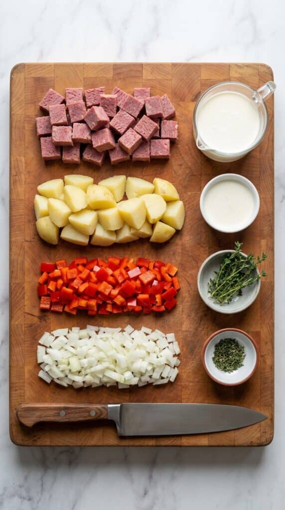 A flat lay showing diced corned beef, potatoes, red peppers, onions, and cream on a wooden board.