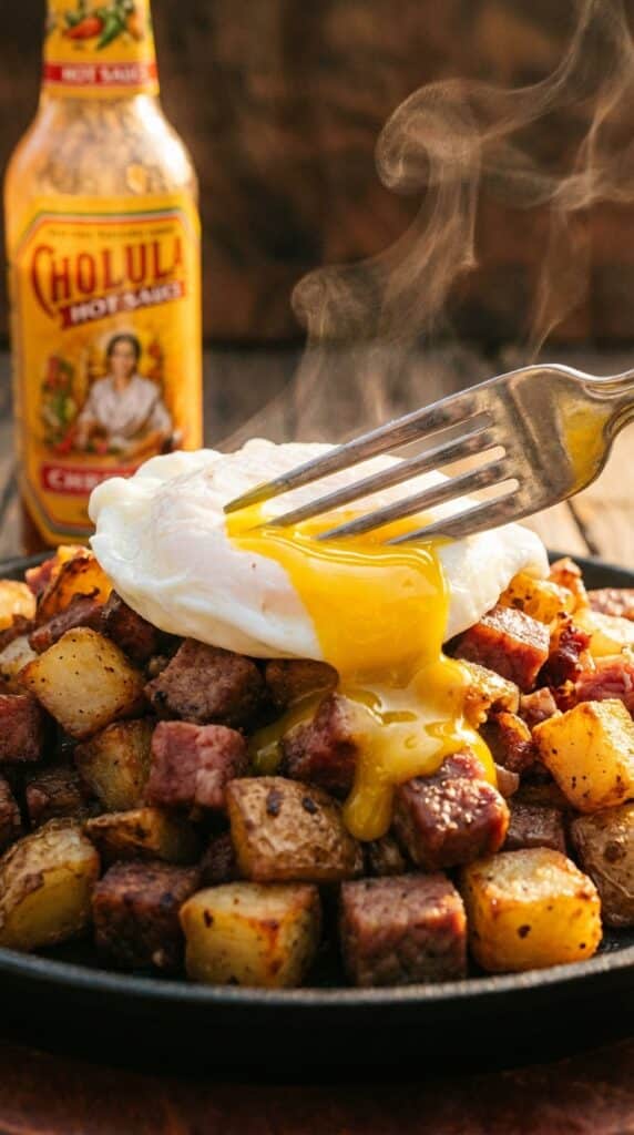 A close-up of a fork breaking a poached egg yolk over crispy corned beef hash.