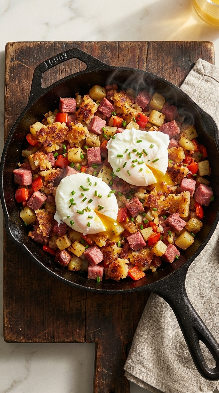 A top-down view of a cast iron skillet filled with crispy corned beef hash topped with poached eggs and chives.