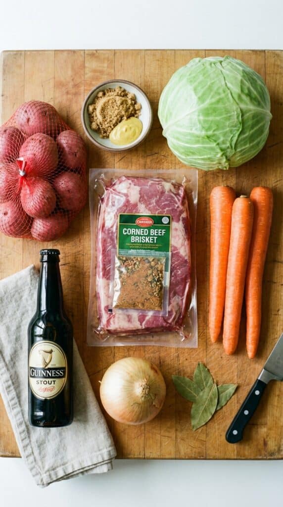 A flat lay showing raw corned beef, cabbage, potatoes, carrots, stout beer, and glaze ingredients.