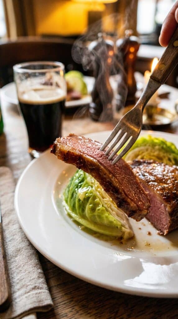 A close-up of a fork holding a piece of glazed corned beef and cabbage, with steam rising.
