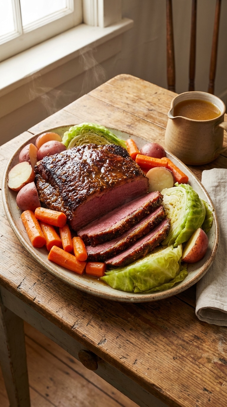 A platter of sliced corned beef with a dark sticky glaze, surrounded by boiled cabbage, carrots, and red potatoes.
