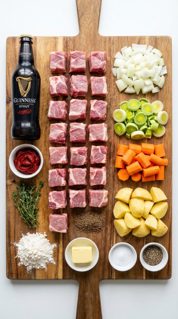 A flat lay showing raw pork cubes, vegetables, a bottle of stout beer, and spices on a wooden board.