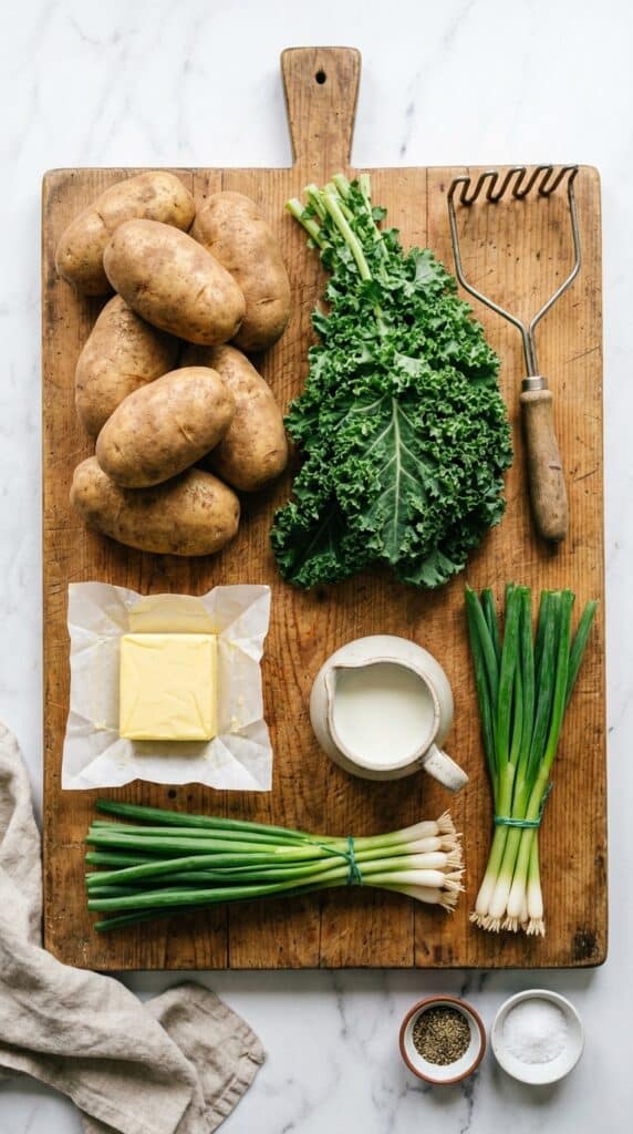 A flat lay showing russet potatoes, curly kale, butter, milk, and green onions on a wooden board.