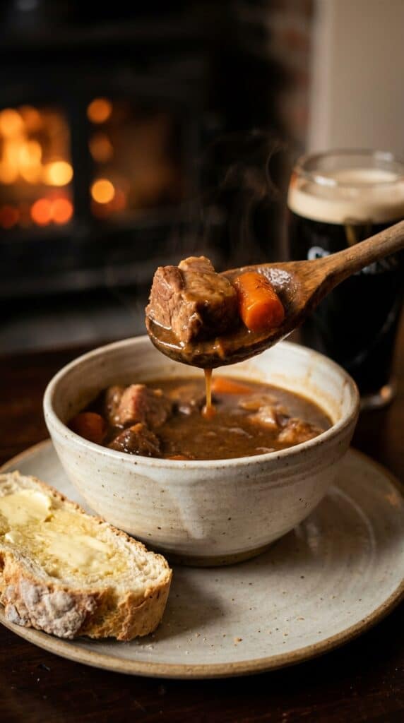 A close-up of a spoon lifting a bite of pork stew from a bowl, with soda bread on the side.