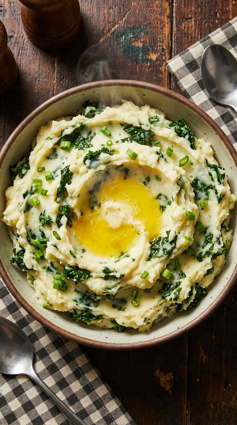 A bowl of creamy mashed potatoes with kale and green onions, featuring a pool of melted butter in the center.
