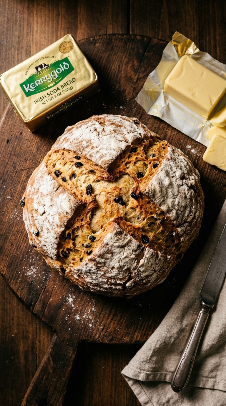 A whole round loaf of rustic Irish Soda bread with a cross cut on top, sitting on a wooden board with Irish butter.