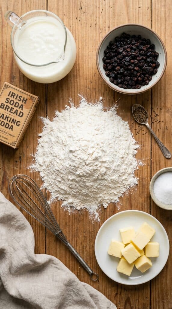 A flat lay showing flour, buttermilk, currants, caraway seeds, butter, and baking soda on a wooden table.