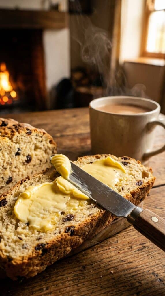 A close-up of a knife spreading butter on a slice of soda bread with currants.
