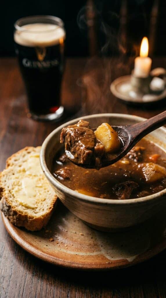 A close-up of a spoon lifting lamb and potato from a bowl of stew, with soda bread on the side.