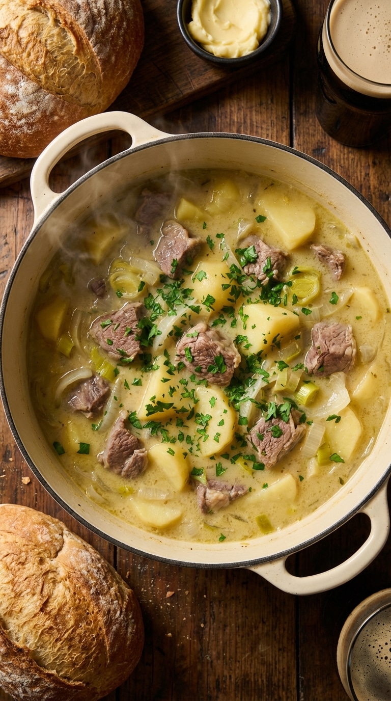 A top-down view inside a Dutch oven filled with creamy Irish stew containing lamb, potatoes, and leeks.