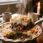 A close-up of a serving spoon lifting a portion of shepherd's pie, showing the meat layer and the potato layer.