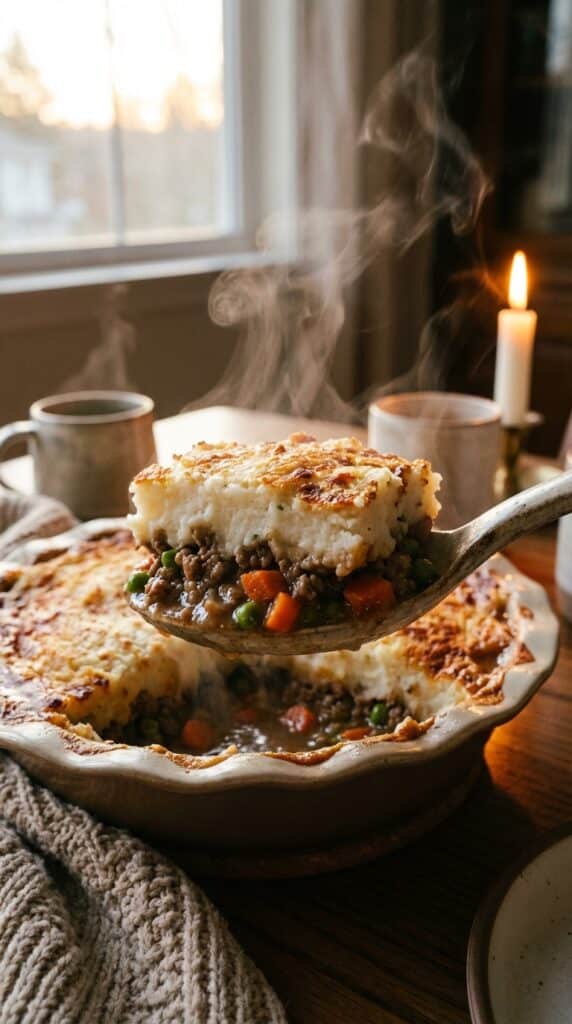 A close-up of a serving spoon lifting a portion of shepherd's pie, showing the meat layer and the potato layer.