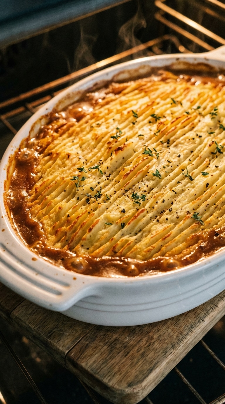 A baked shepherd's pie in a casserole dish featuring a golden brown mashed potato crust with crispy fork ridges.