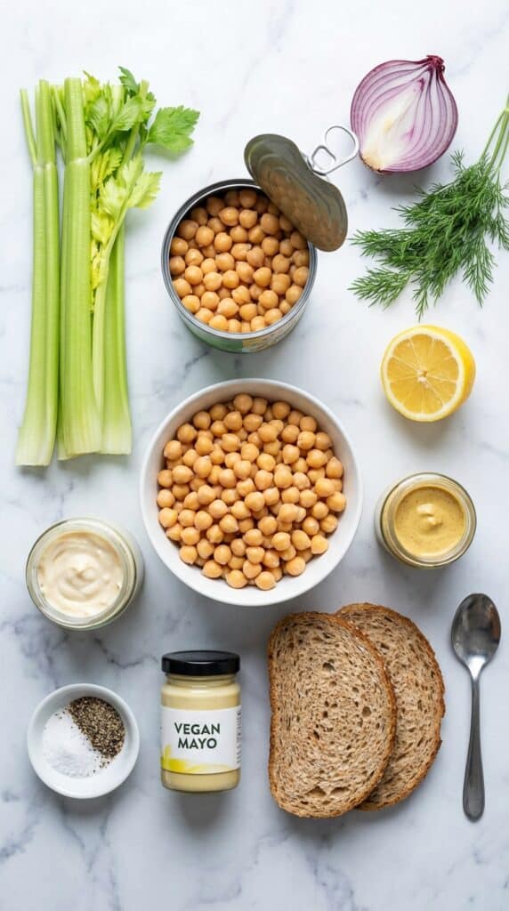 An overhead flat lay view of chickpea salad ingredients including canned chickpeas, celery, red onion, lemon, dill, and bread on marble.