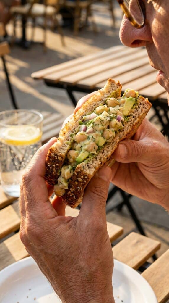 A close-up of hands holding a thick, creamy chickpea salad sandwich on seeded bread, ready to take a bite.