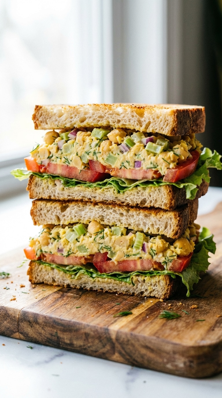 A close-up of a halved chickpea salad sandwich on toasted artisan bread with lettuce and tomato on a wooden board.