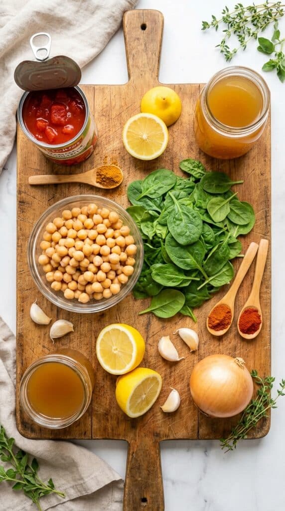 A flat lay showing chickpeas, fresh spinach, diced tomatoes, vegetable broth, lemons, garlic, and spices on a wooden board.