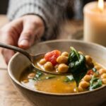 A close-up of a spoon lifting chickpeas and spinach from a steaming bowl of soup.