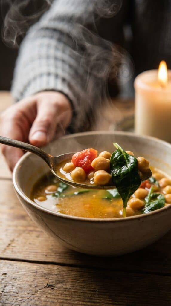 A close-up of a spoon lifting chickpeas and spinach from a steaming bowl of soup.