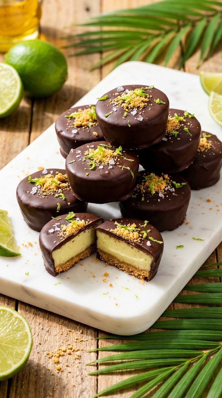 A stack of dark chocolate-covered key lime pie bites garnished with sea salt and lime zest, with one cut open to show the creamy filling.