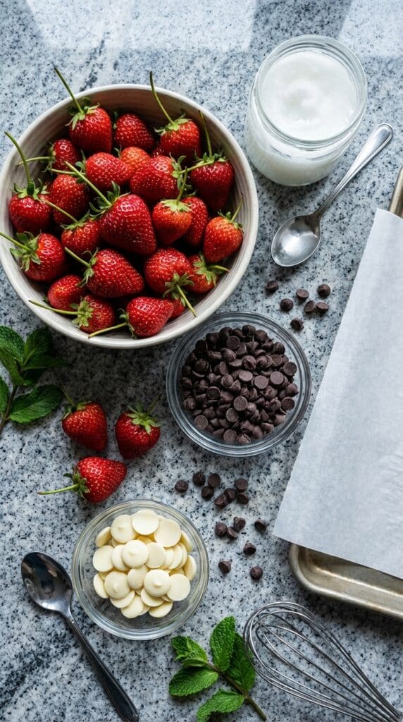 A flat lay showing fresh red strawberries, dark chocolate chips, and white chocolate on a granite surface.