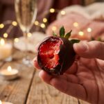 A close-up of a hand holding a chocolate-dipped strawberry with a bite taken out, showing the juicy inside.