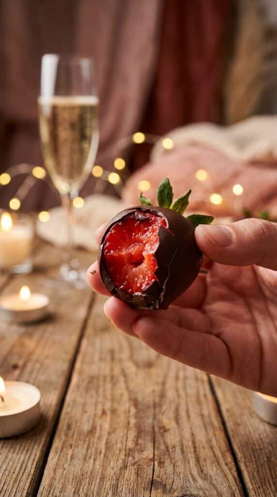 A close-up of a hand holding a chocolate-dipped strawberry with a bite taken out, showing the juicy inside.