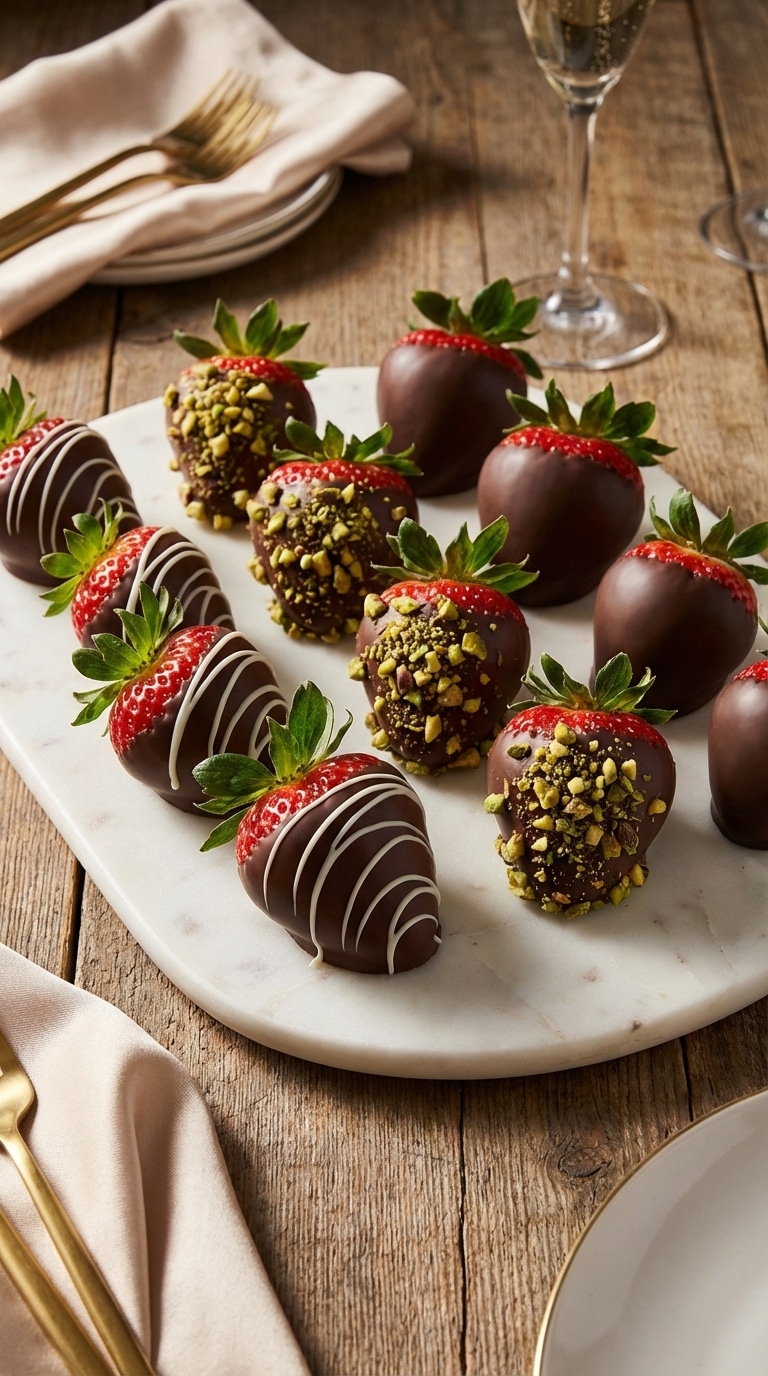 A marble platter featuring glossy dark chocolate-covered strawberries with various toppings like white chocolate drizzle and crushed nuts.