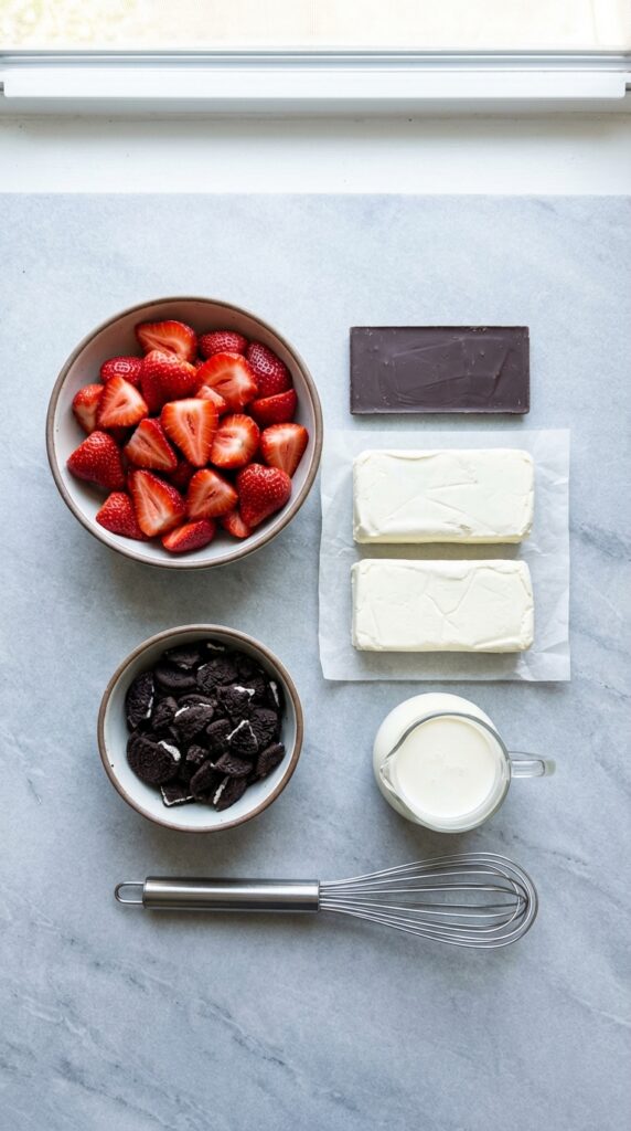 An overhead flat lay of baking ingredients including fresh strawberries, cream cheese, dark chocolate, and crushed Oreos on a slate surface.