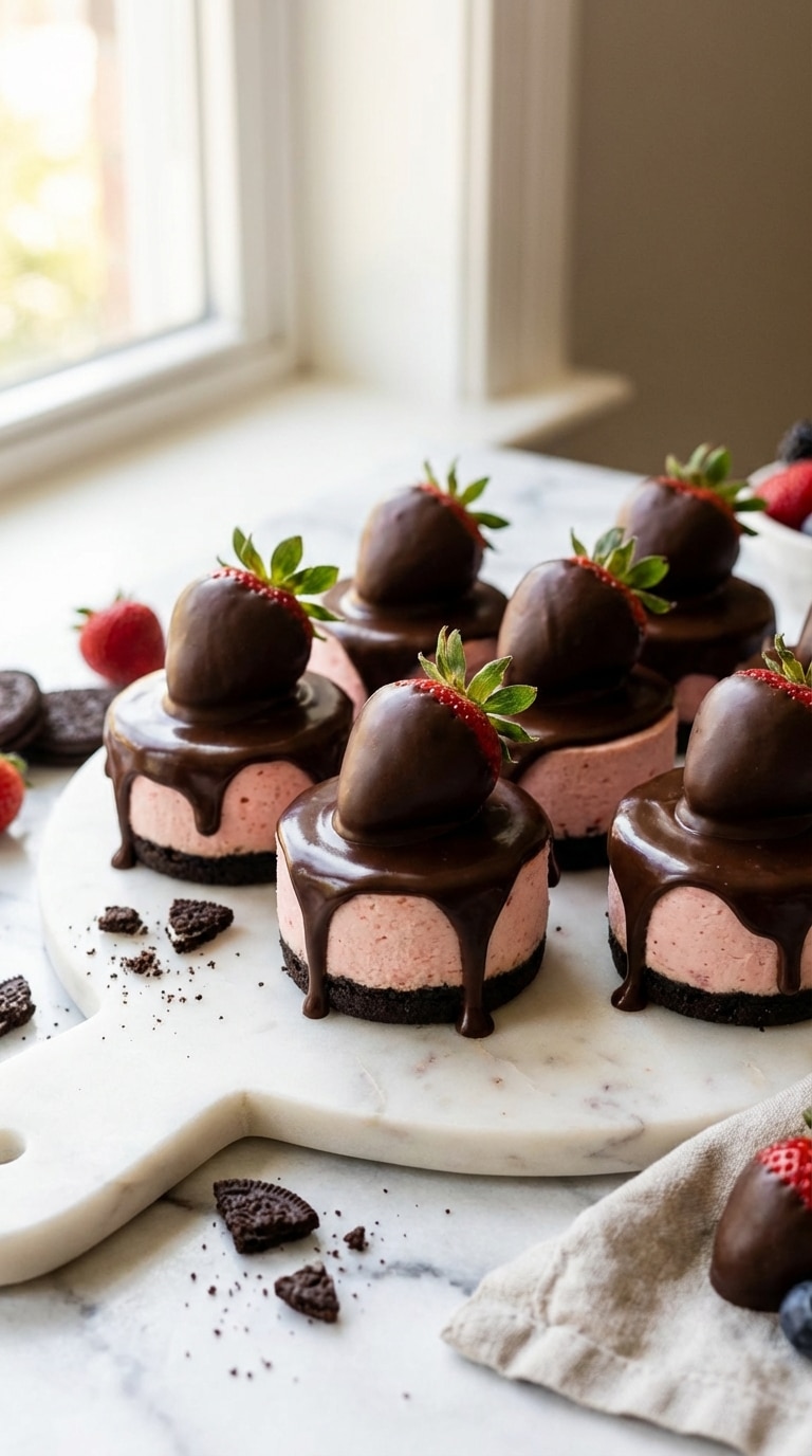 Several mini pink strawberry cheesecakes with an Oreo crust, topped with dripping chocolate ganache and a fresh strawberry on a marble board.