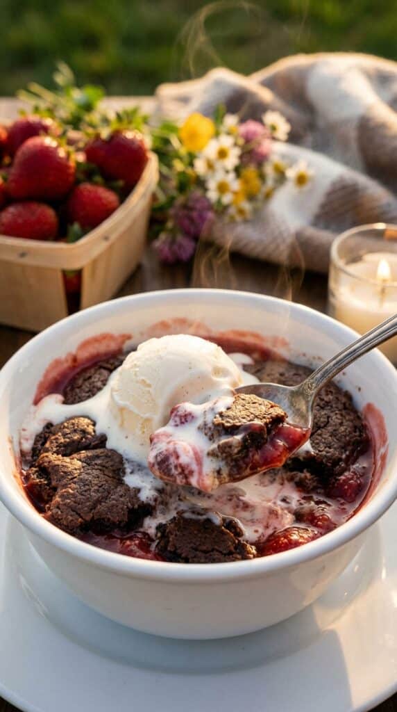 A close-up of a bowl of chocolate strawberry cobbler topped with melting vanilla ice cream.