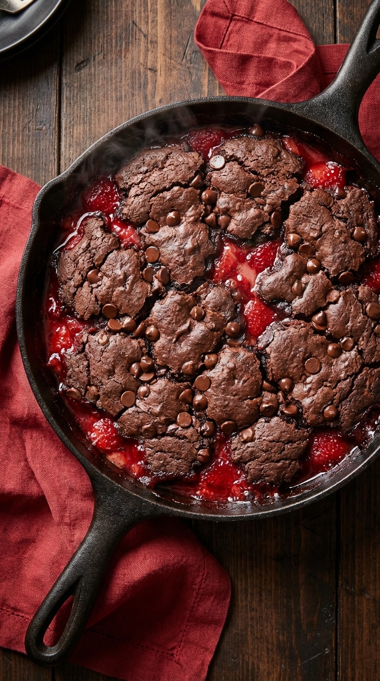A top-down view of a skillet filled with chocolate cobbler with bubbling red strawberry sauce and melted chocolate chips.