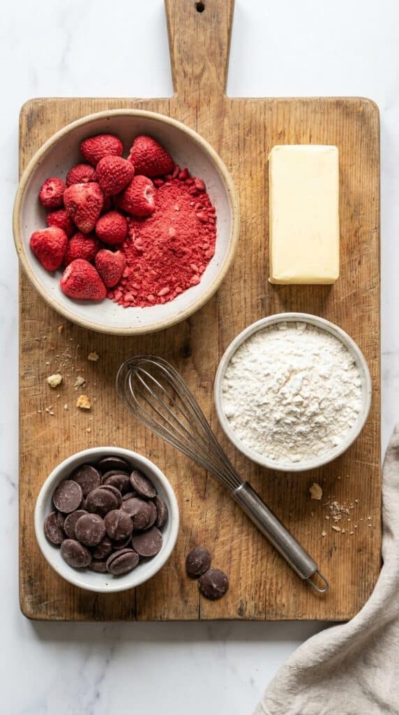 A flat lay showing freeze-dried strawberries, butter, flour, and dark chocolate on a wooden board.