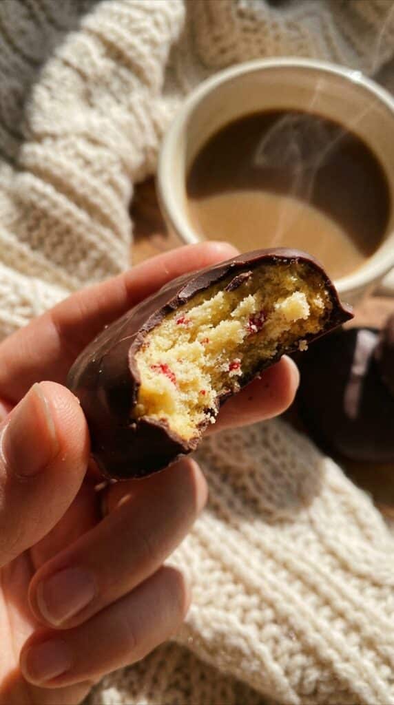 A close-up of a hand holding a bitten strawberry shortbread cookie, showing the crumbly texture.