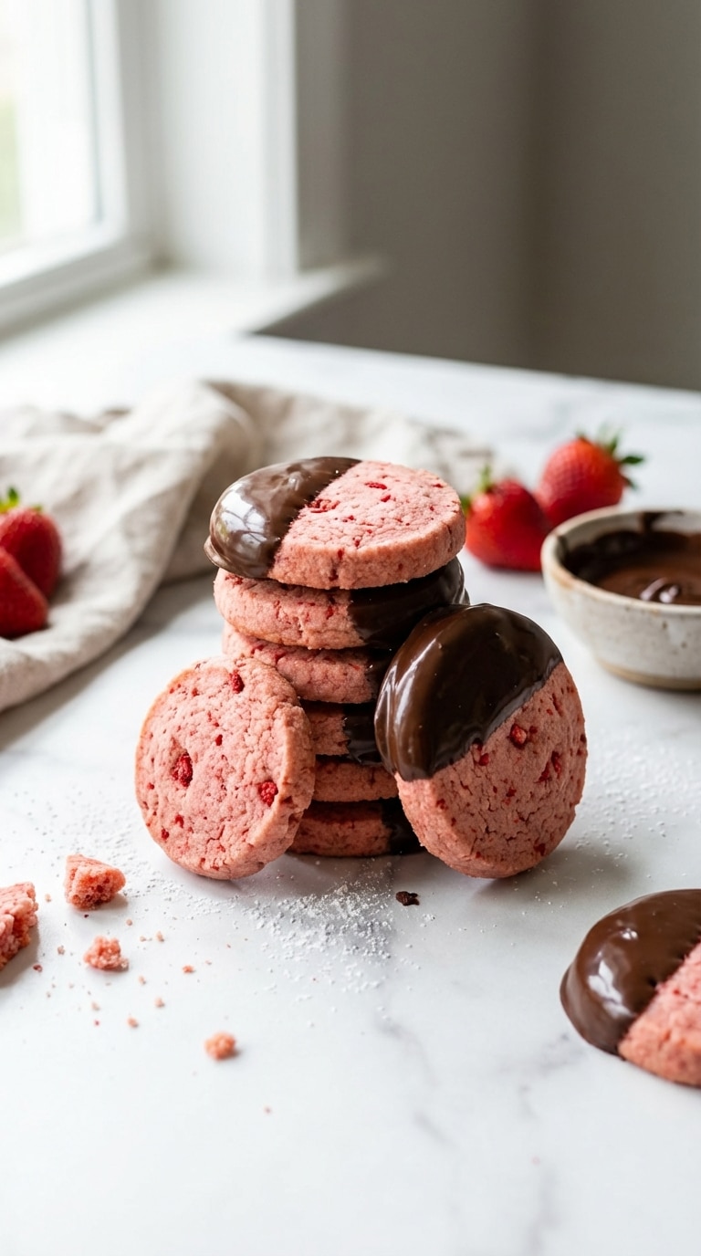 A stack of pink shortbread cookies speckled with strawberry, half-dipped in dark chocolate on a marble table.