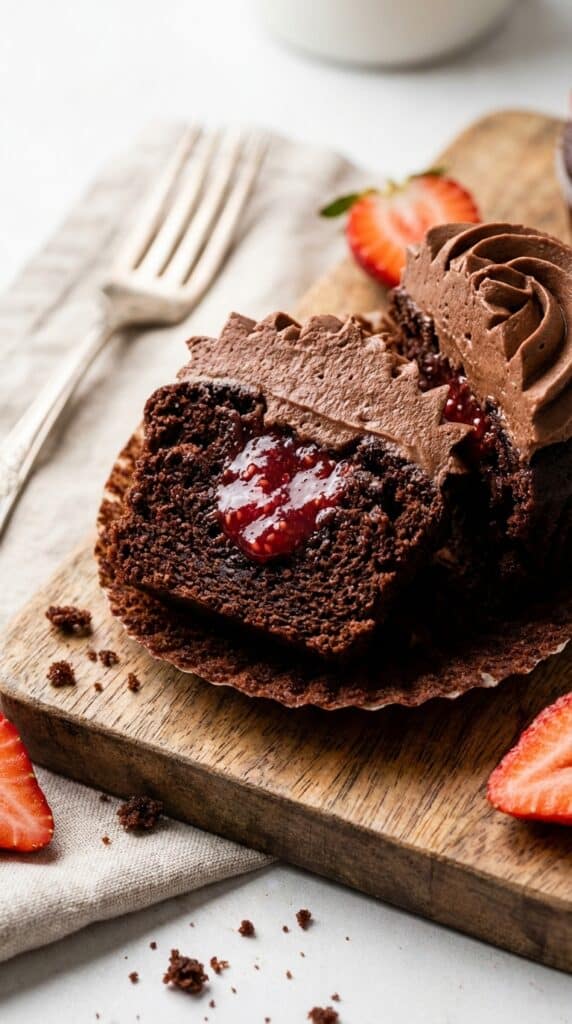 A close-up of a chocolate cupcake cut in half, revealing a bright red strawberry jam filling inside.