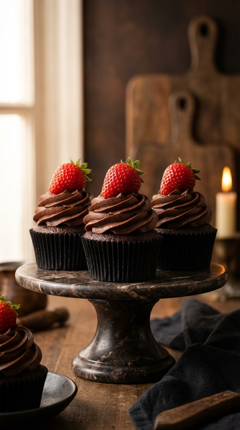 Three dark chocolate cupcakes with chocolate frosting and fresh strawberries on a marble stand.