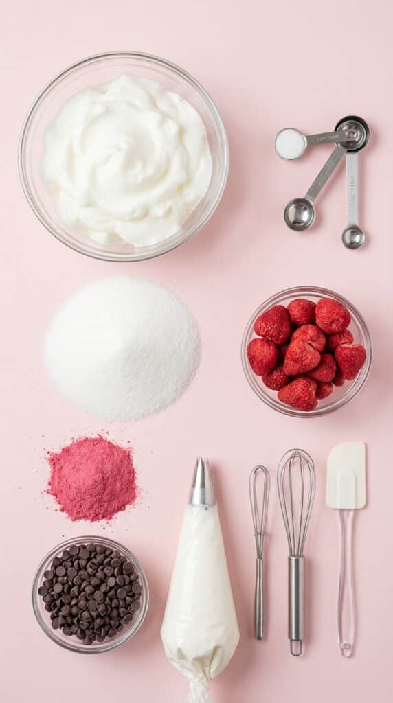 A flat lay showing egg whites, sugar, freeze-dried strawberries, strawberry powder, and chocolate chips.