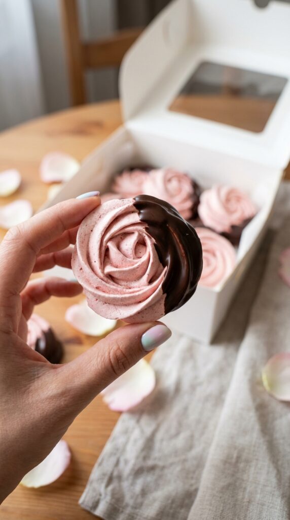 A hand holding a single pink meringue rose dipped in chocolate, with a gift box in the background.