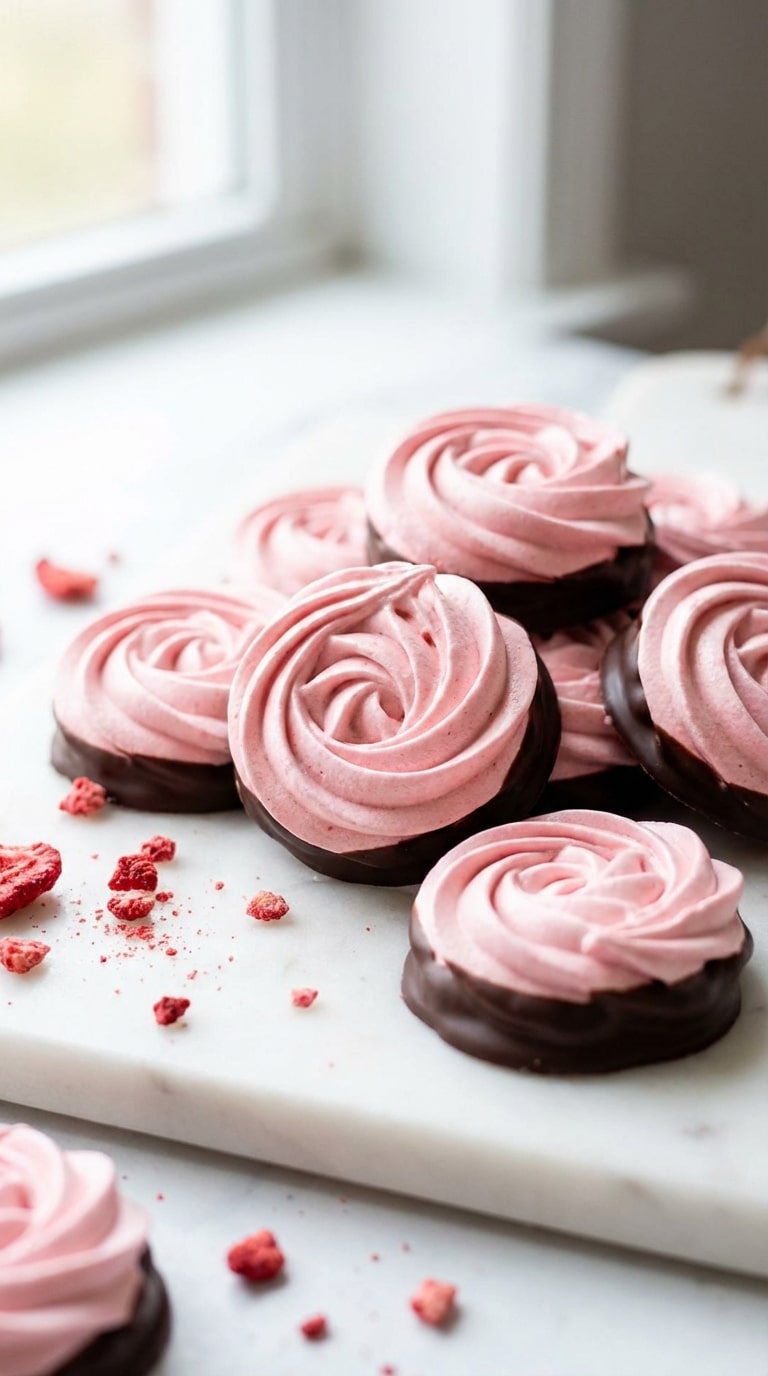 Pastel pink meringue cookies shaped like roses with their bottoms dipped in dark chocolate on a marble surface.