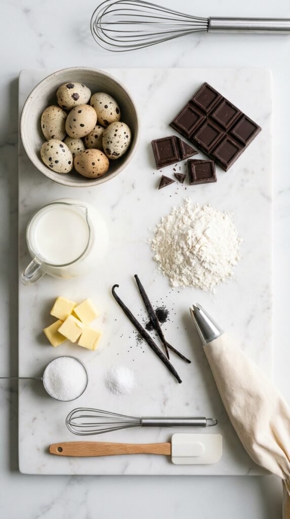 A flat lay showing eggs, dark chocolate, milk, flour, butter, a vanilla bean, and a piping bag on a marble surface.