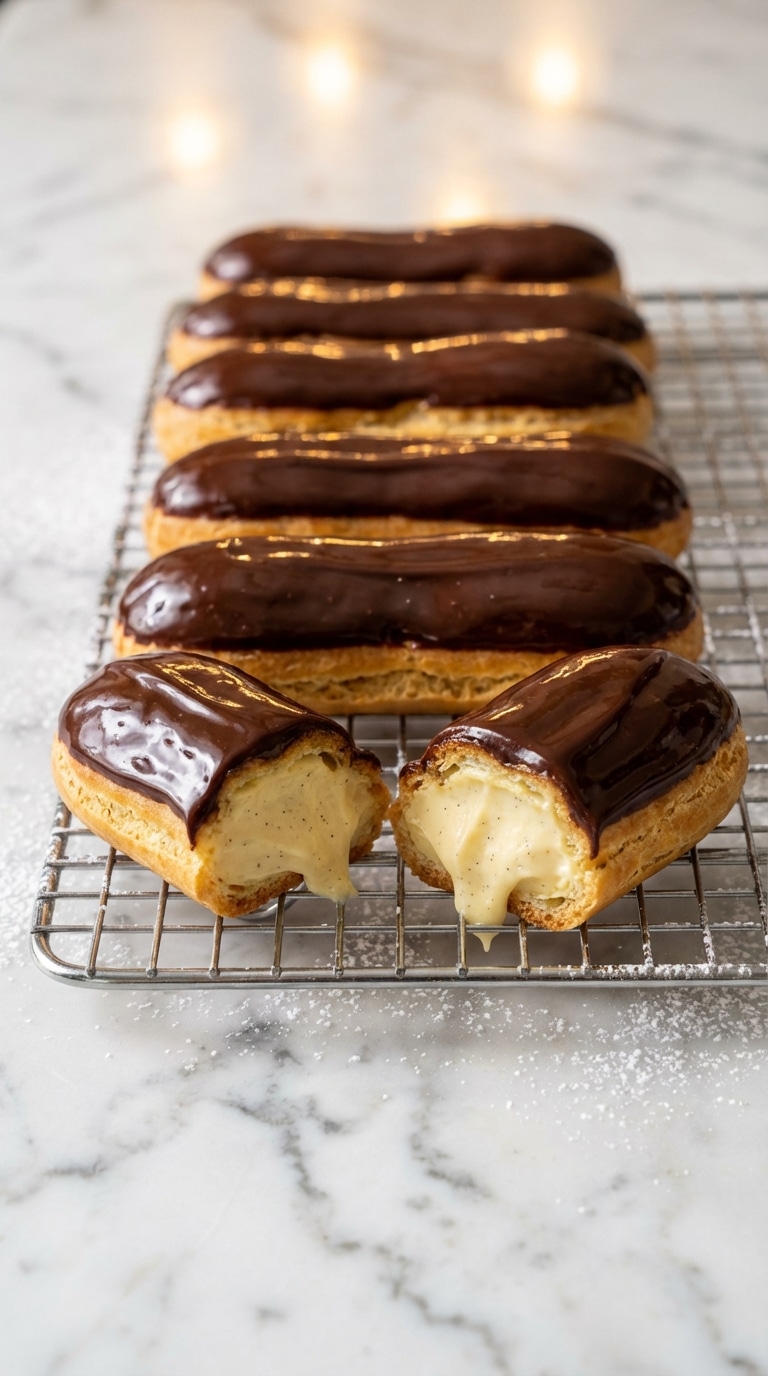 A row of chocolate-glazed eclairs on a wire rack, with one cut open to show thick vanilla pastry cream inside.