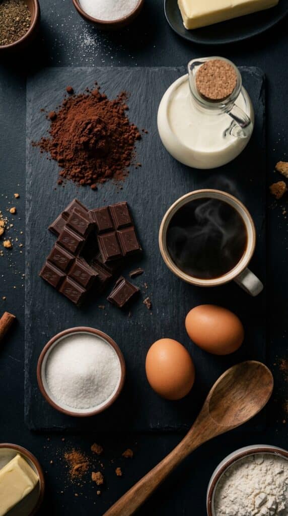 A moody flat lay showing dark cocoa powder, broken chocolate bars, heavy cream, coffee, and eggs on a dark slate board.