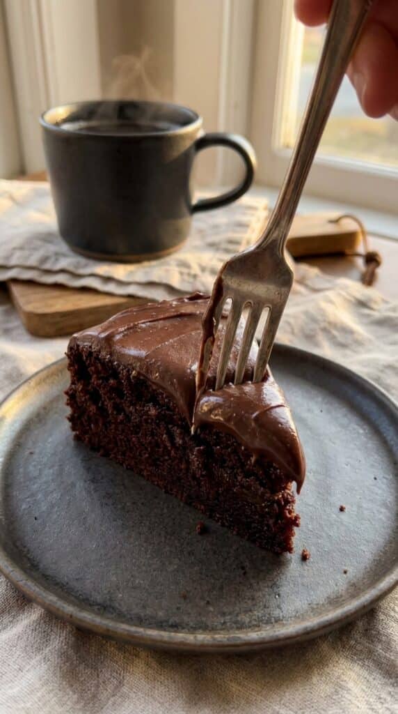 A close-up of a fork cutting into a moist slice of dark chocolate cake covered in thick, fudgy ganache.